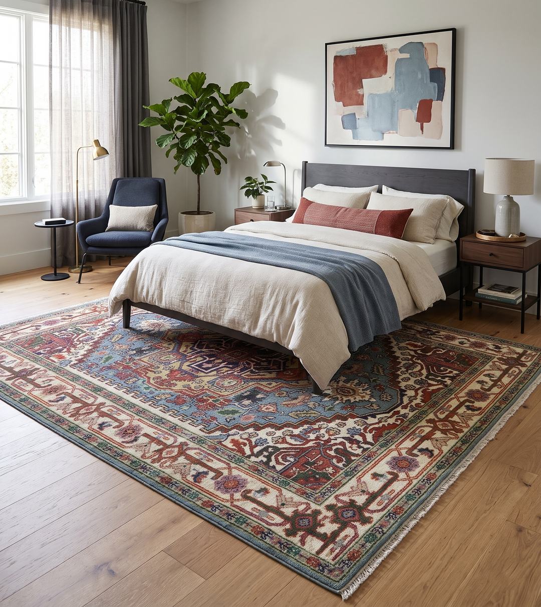 Blue and ivory medallion rug with floral borders beneath a bed