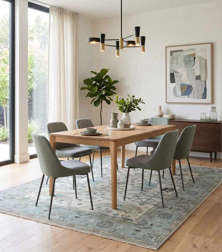Blue and ivory patterned Oushak rug beneath a dining table