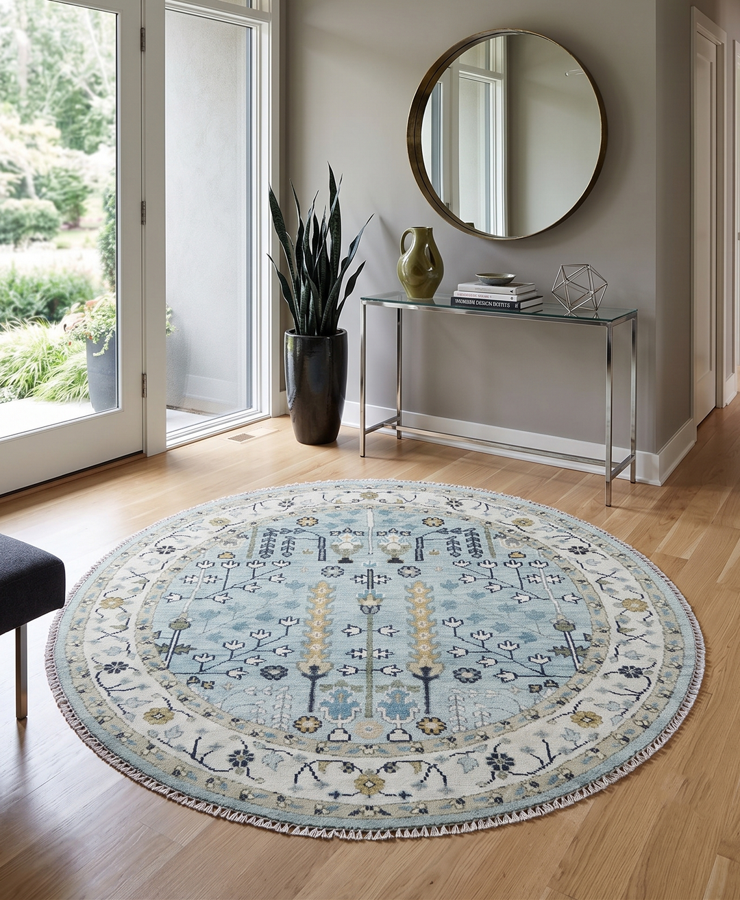 Custom Made Blue And Ivory Tree of life Round Hand Knotted Rug