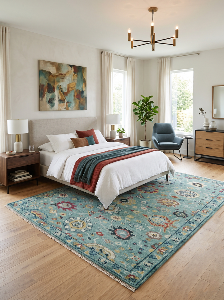 Teal and yellow Oushak-style wool rug with floral medallions and fringed edges beside a bed