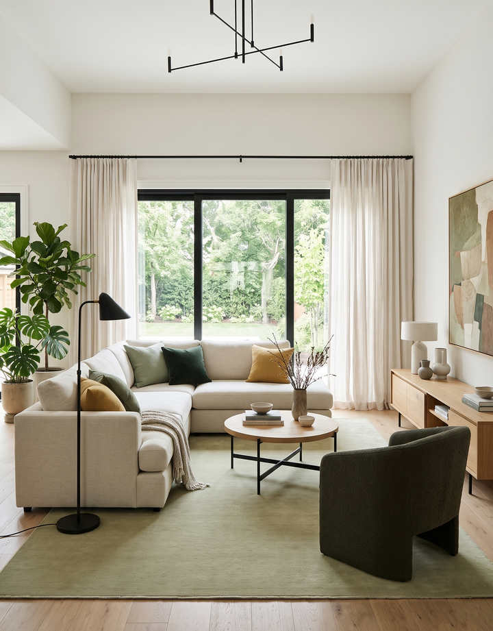 Rectangular wool area rug, solid light olive surface