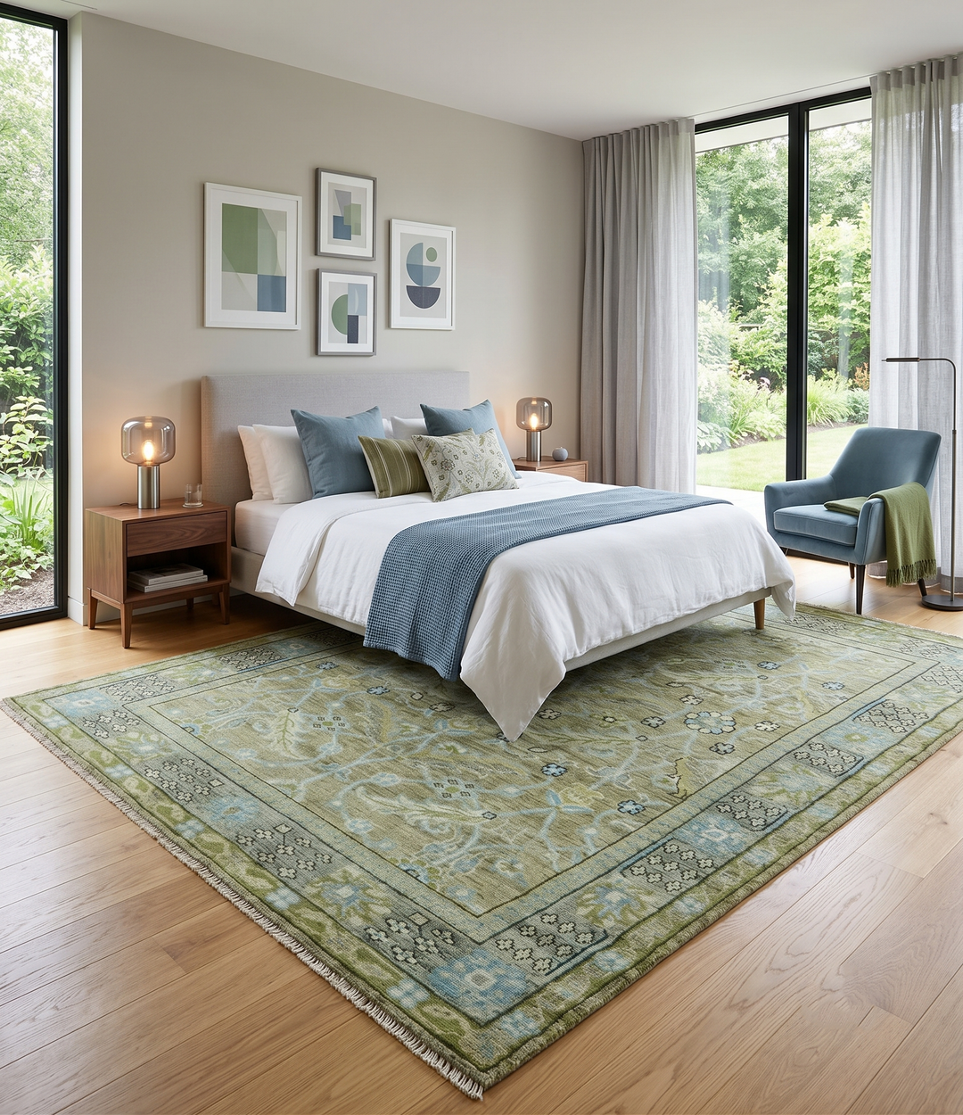 Custom Made Traditional Floral Green and Aqua Hand Knotted wool area rug