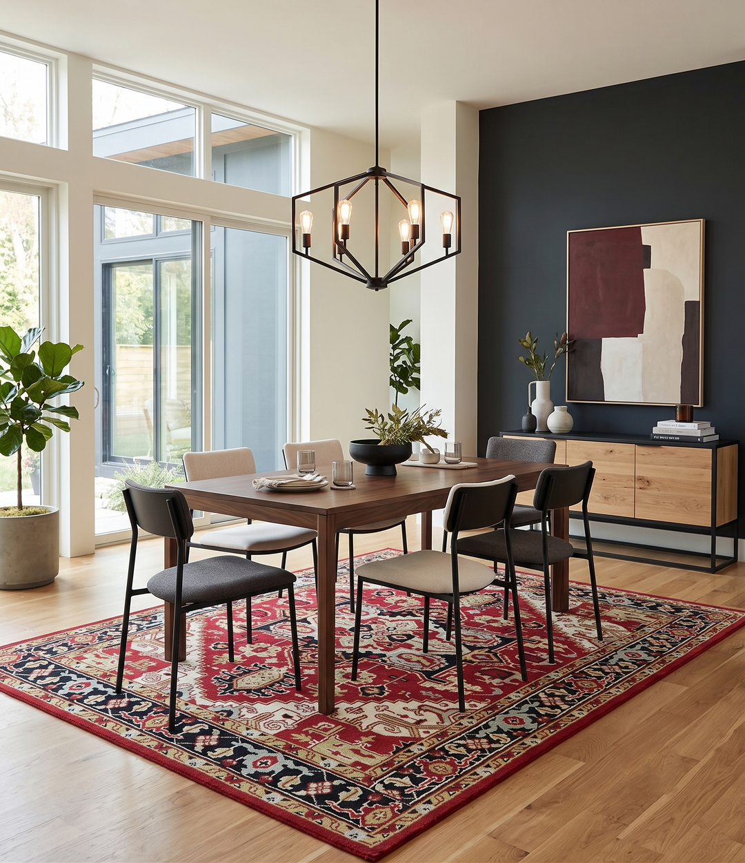 Custom Made Traditional Heriz Rust, Ivory, Black and Beige Hand knotted Medallion Wool Area Rug