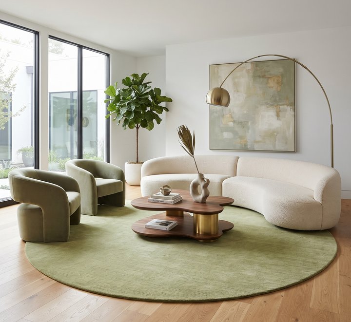 Round green wool rug with a solid color and hand-tufted texture