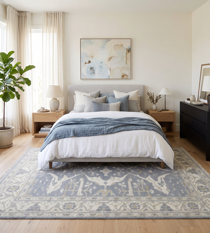 Traditional blue-gray and ivory area rug covering the floor in a bedroom setting.