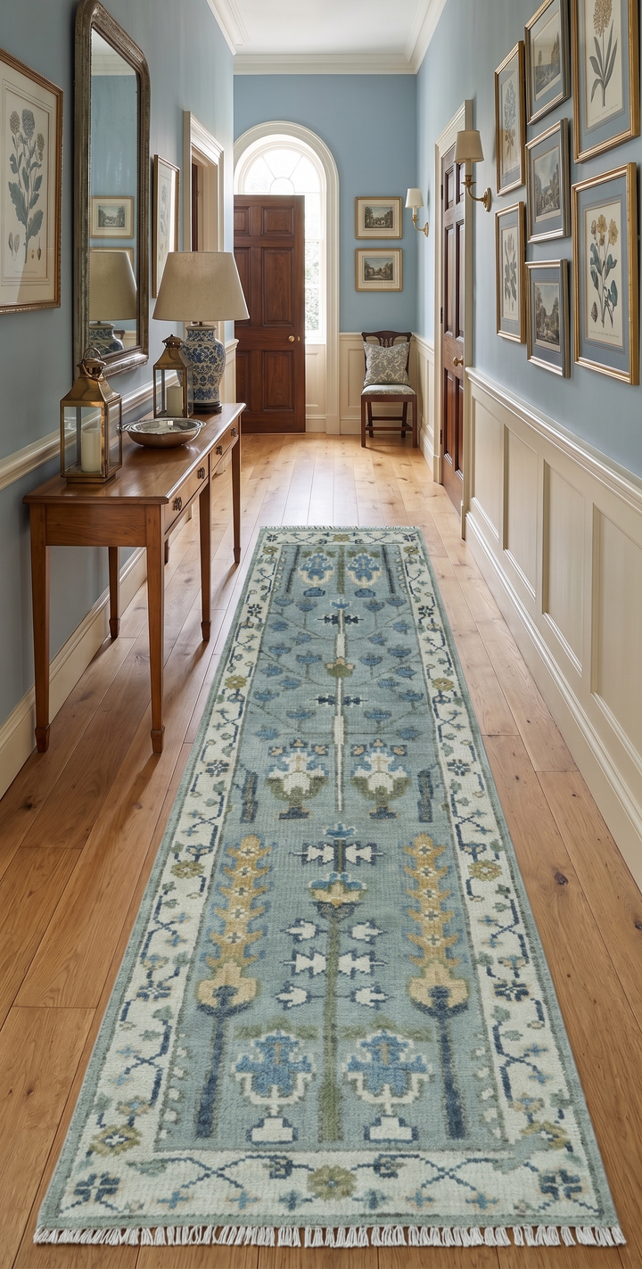 Custom Made Hand Knotted Tree of life Blue And Ivory Runner Wool Rug