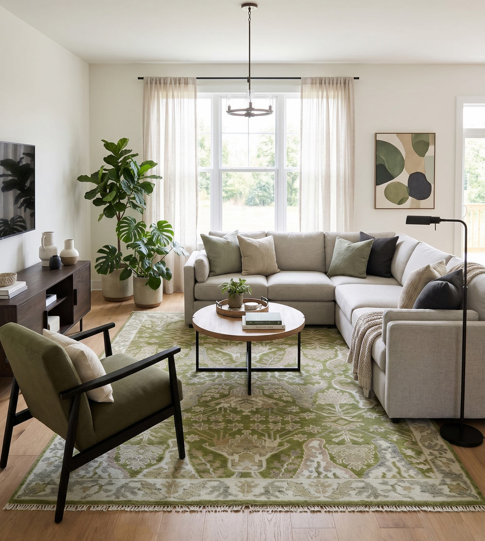 Green and ivory hand-knotted wool rug with traditional dragon motifs and an ornate border