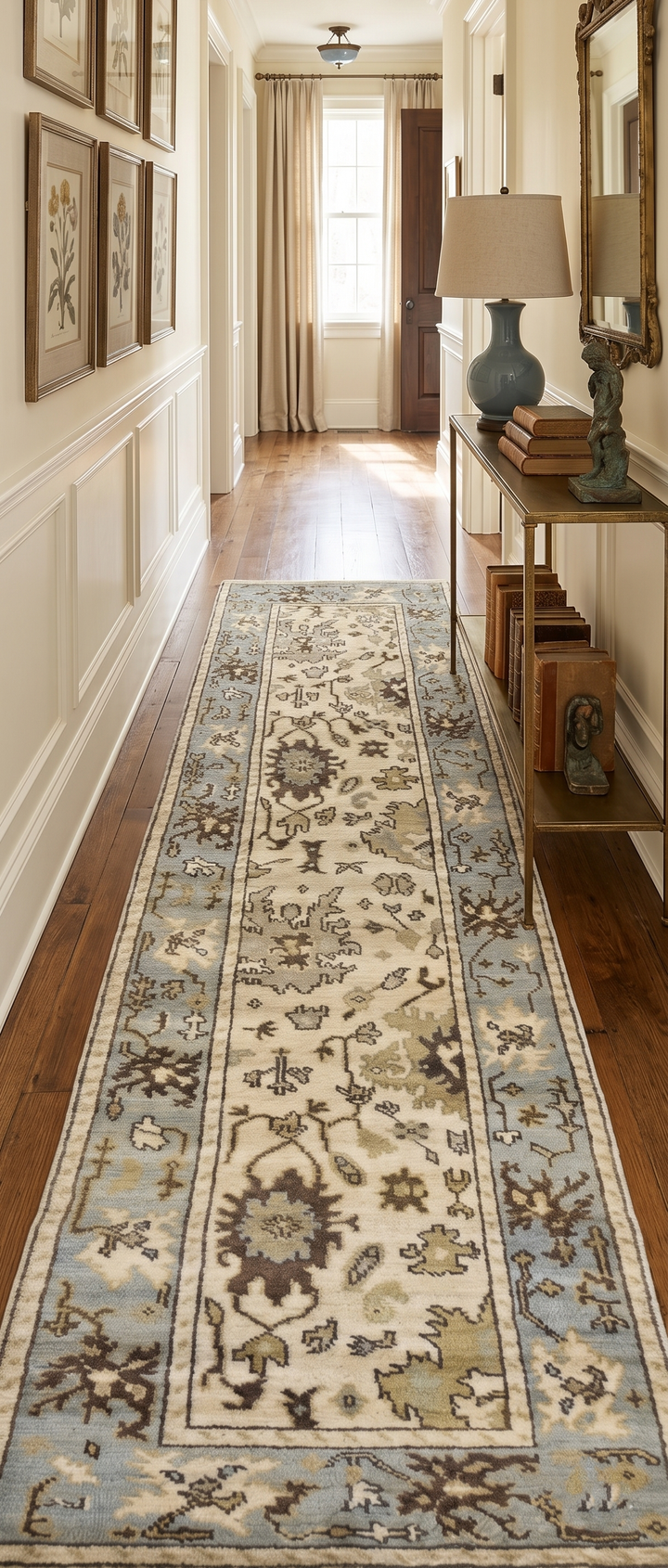 Runner 2.7x12 Oushak Beige And Blue Hand Knotted Wool Rug