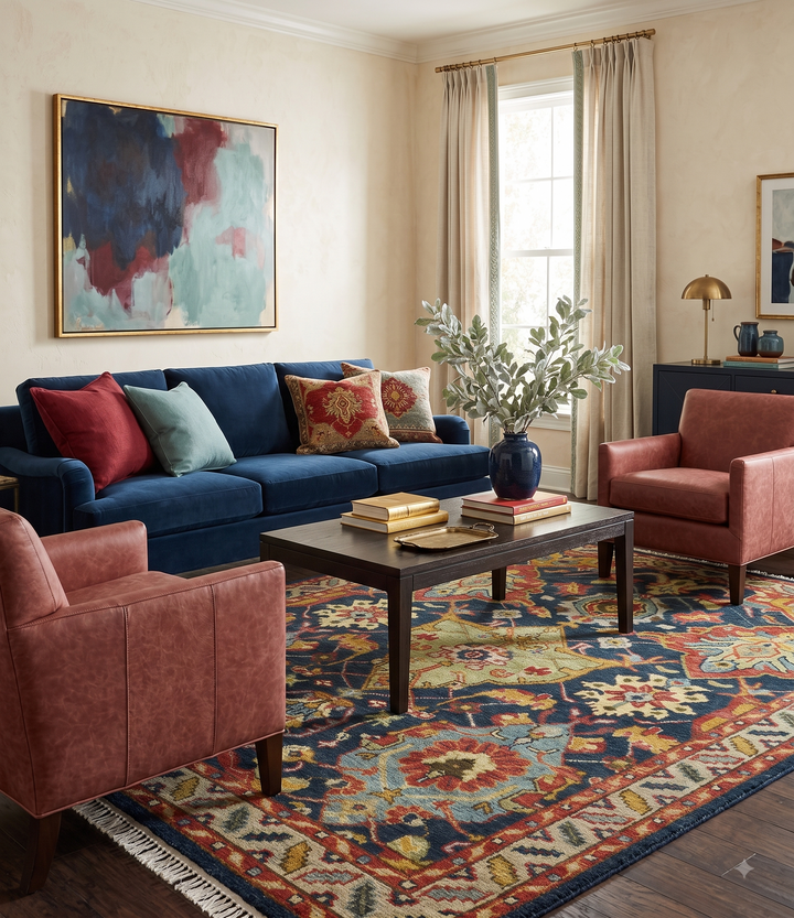 Traditional Large Design Blue, Rust and Gold Hand Knotted Multi Size wool Area Rug