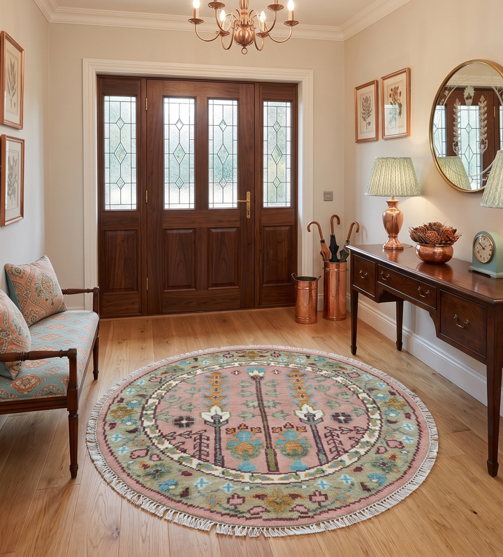 Quick Ship 4x4 Round Hand Knotted Pink and Olive Tree of life Wool Rug