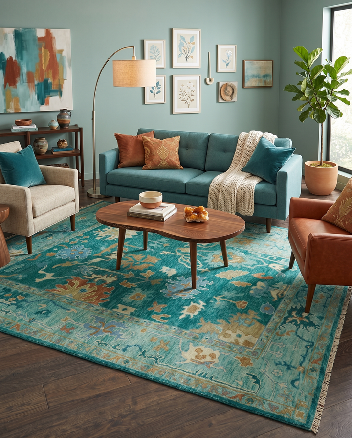 Hand Knotted Teal Traditional Oushak Multi size wool area rug