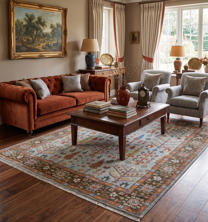 Tree of Life Hand Knotted Silver, Brown and Rust Traditional Wool Rug