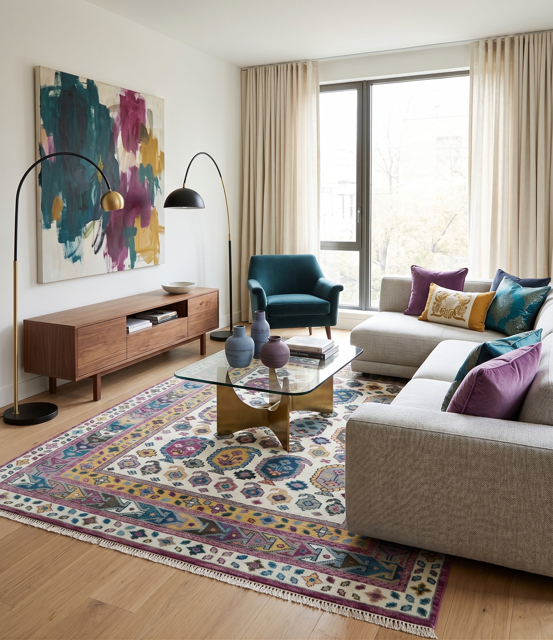 Ivory, Gold and Pink Hand knotted Traditional Design Wool Area Rug