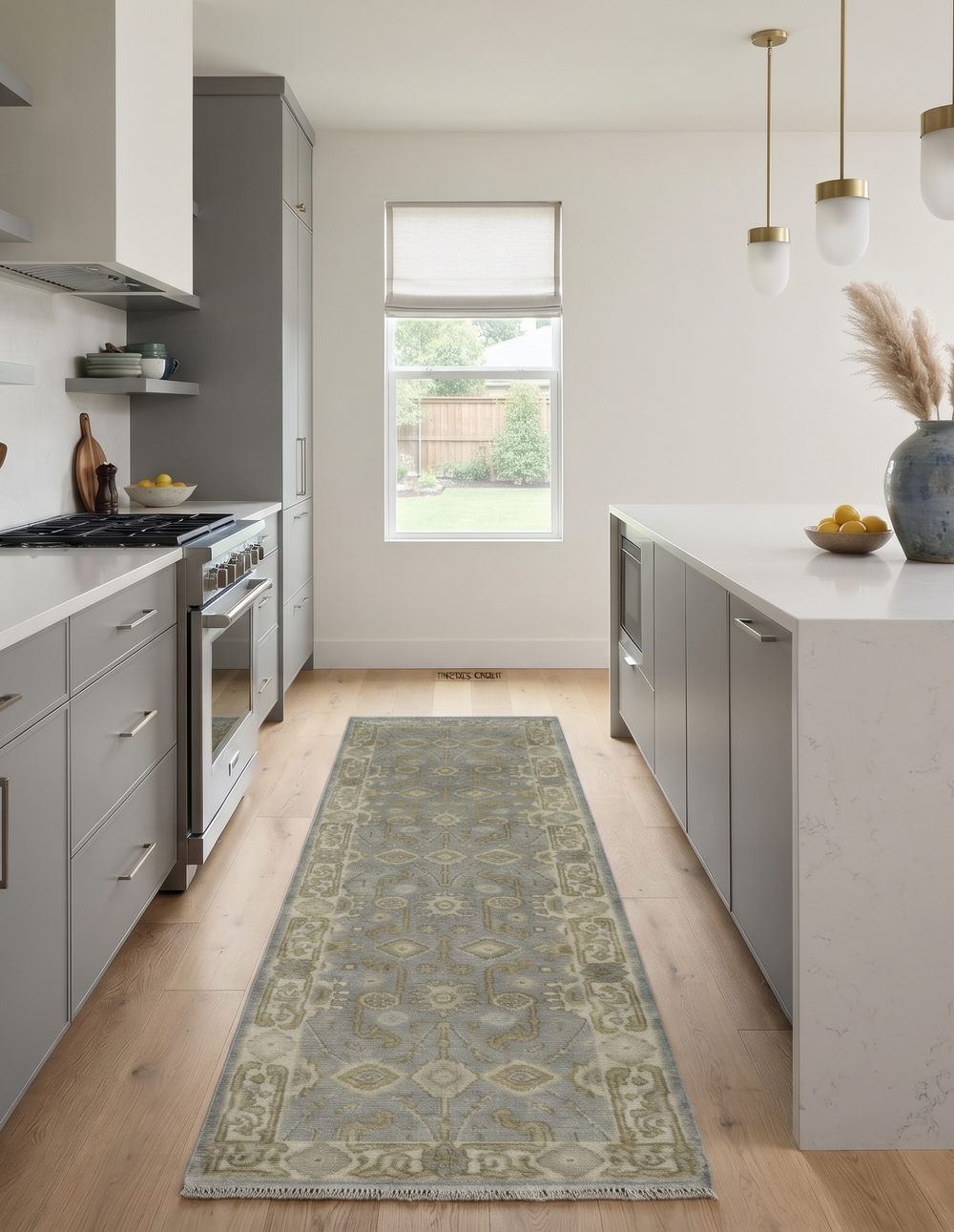 Gray and beige patterned wool runner rug laid along a kitchen floor