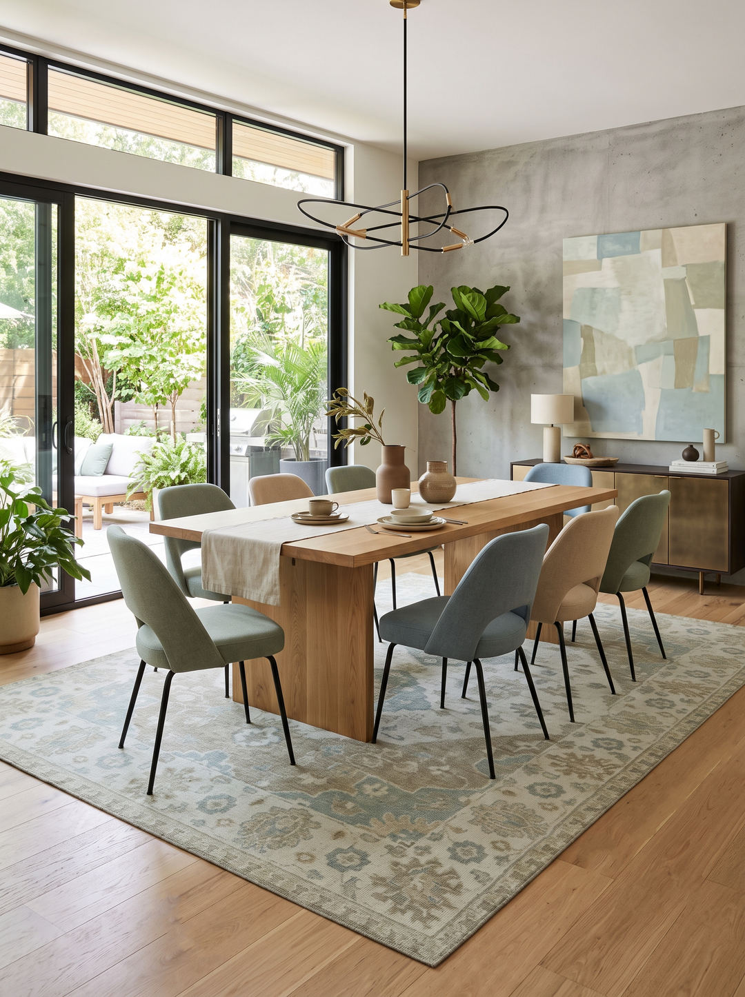 Wool area rug in ivory and camel with faded antique-style pattern for dining area.