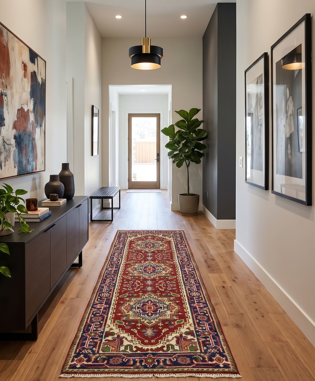 Red and blue wool runner rug displayed in a hallway, with ornate medallion pattern