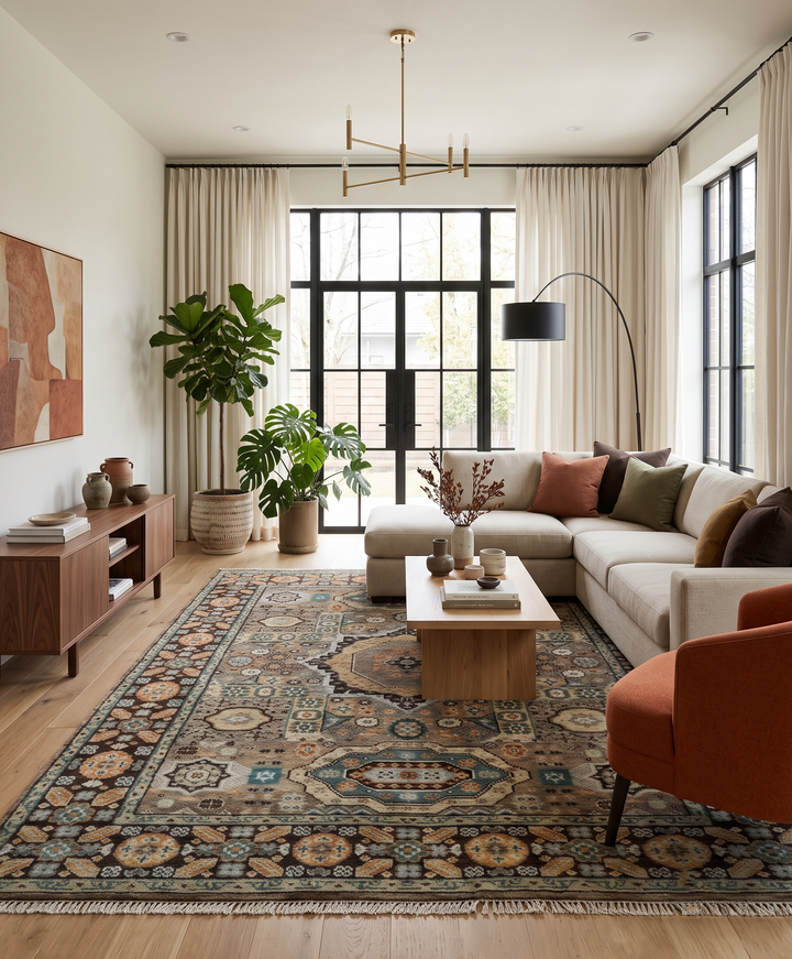 Hand-knotted wool rug with traditional brown, black, and silver geometric pattern