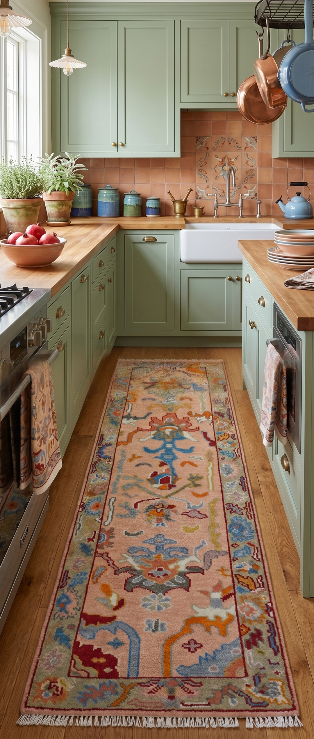 Custom Made Runner Oushak Peach And Green Wool Rug