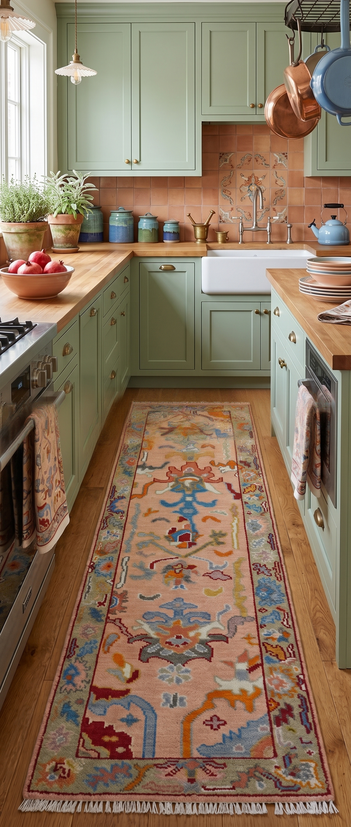 Custom Made Runner Oushak Peach And Green Wool Rug