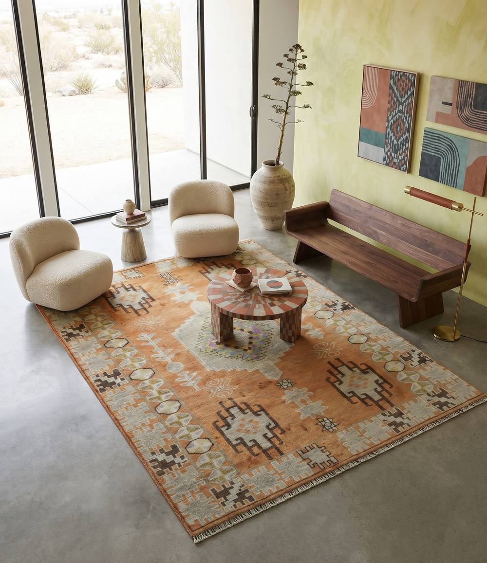 Hand-knotted wool area rug in peach and beige with Southwestern geometric motifs and fringe