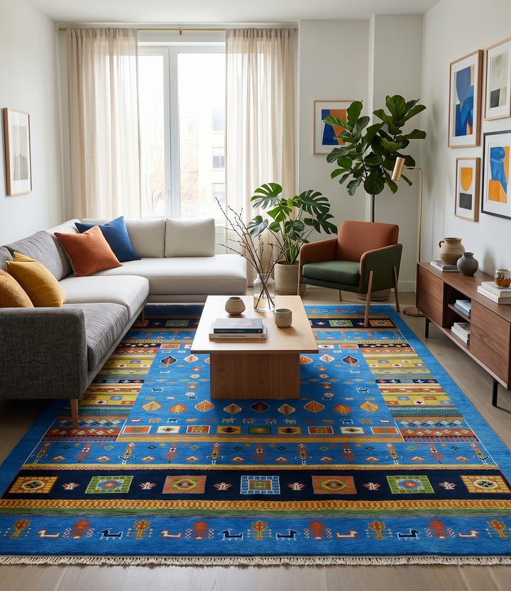 Hand-knotted wool area rug with blue field, geometric motifs, rust and green accents