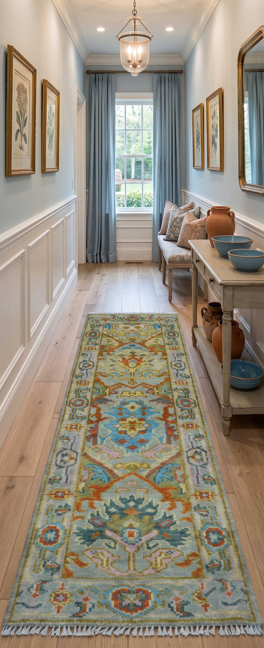 Made to Order Traditional Olive And Blue Hand Knotted Runner Wool Rug