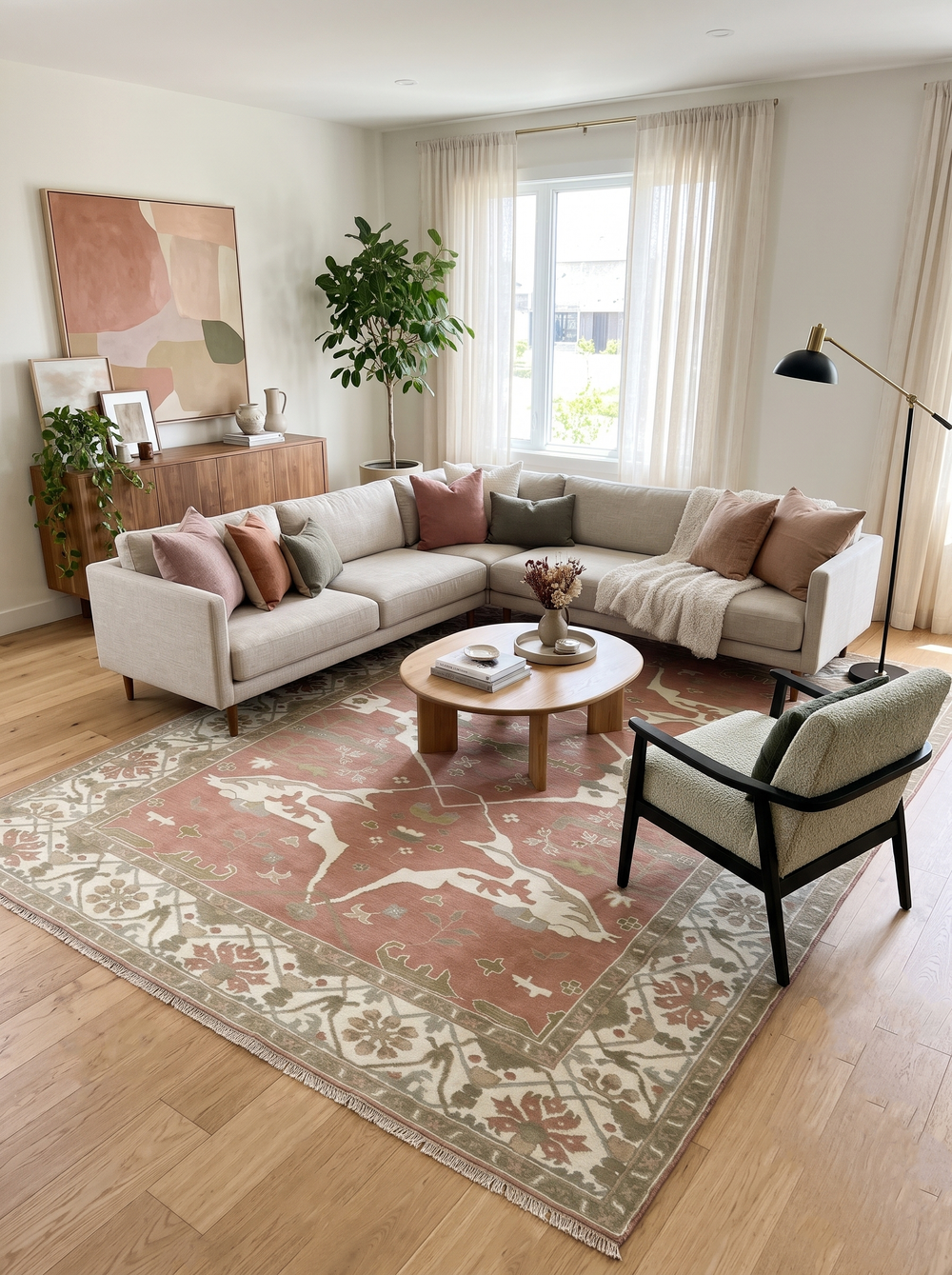 Oriental wool area rug with geometric floral pattern in peach, ivory, and olive