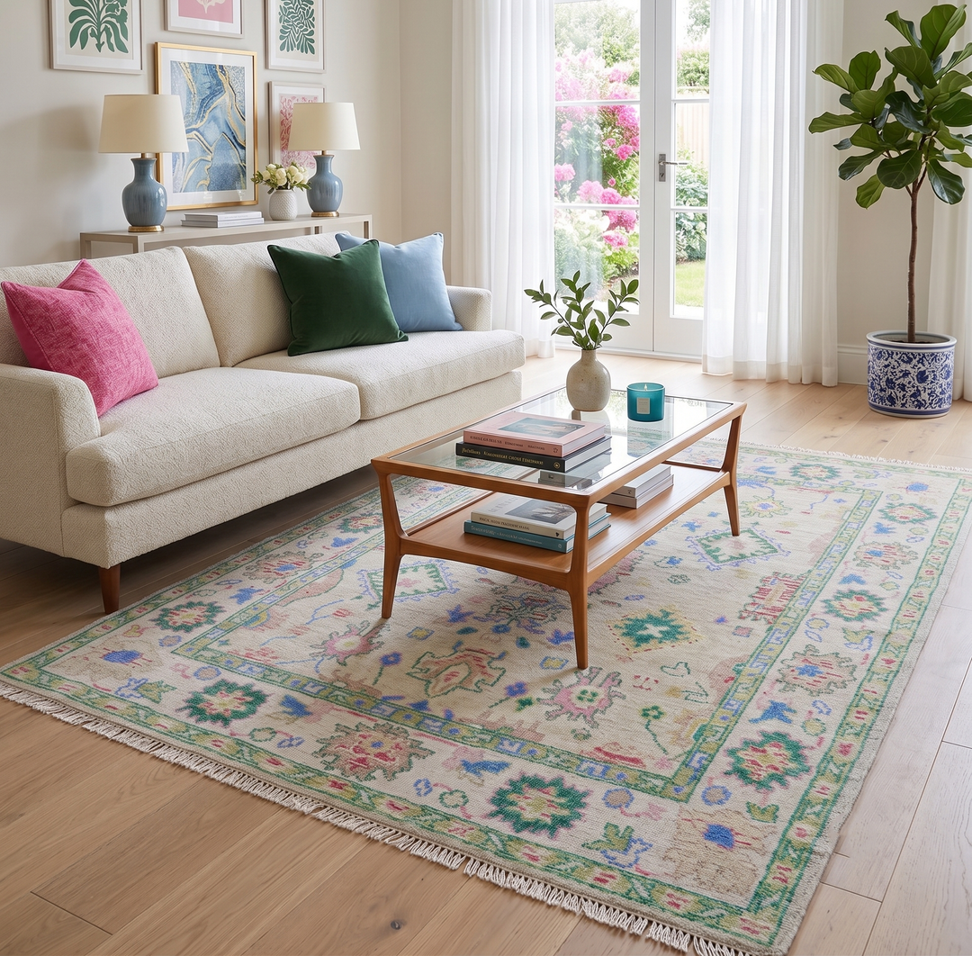 Quick Ship 8x10 Modern Oushak Design Beige And Blue Hand Knotted Rug