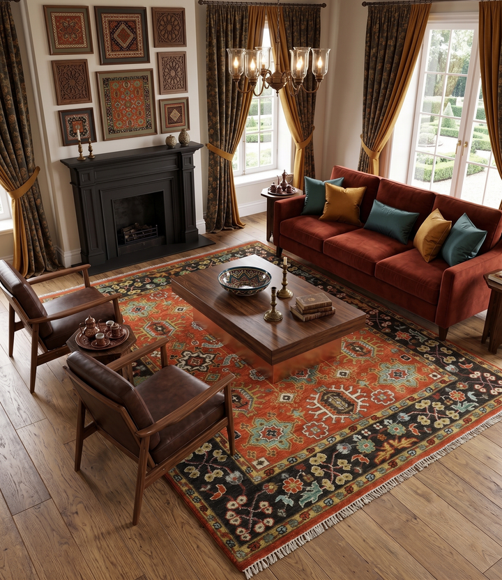 Custom Made Hand Knotted Rust and Black Traditional Wool Rug