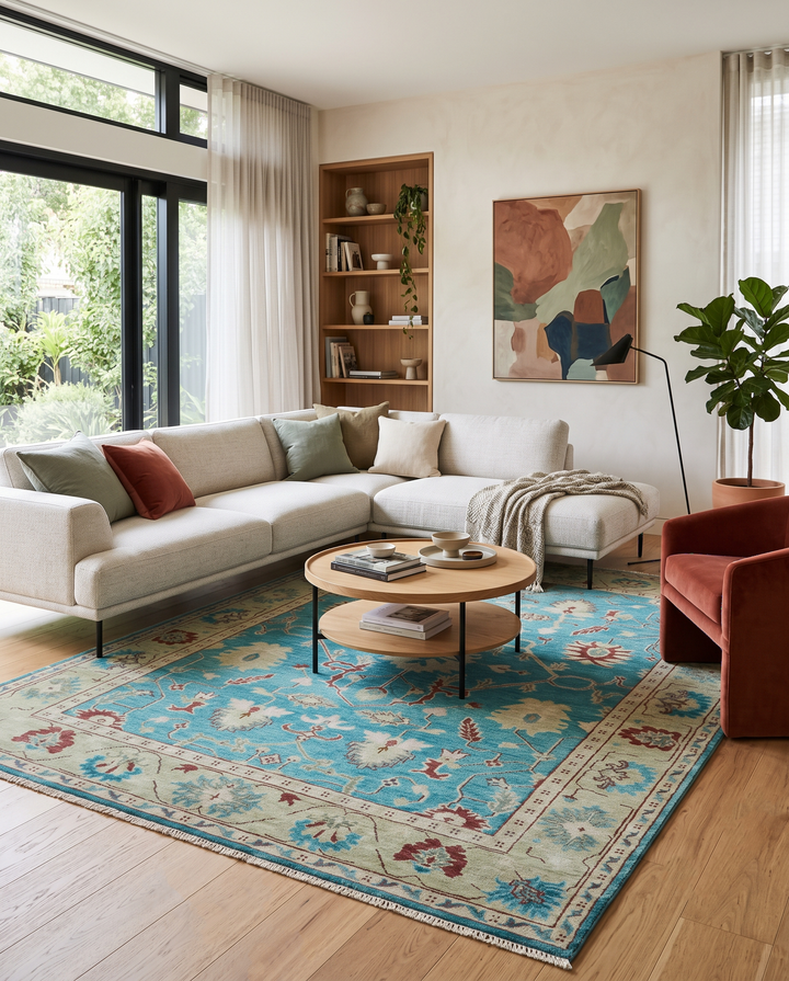 Hand Knotted Blue, Ivory and Maroon Oriental Oushak Multi Size Traditional Wool Area Rug