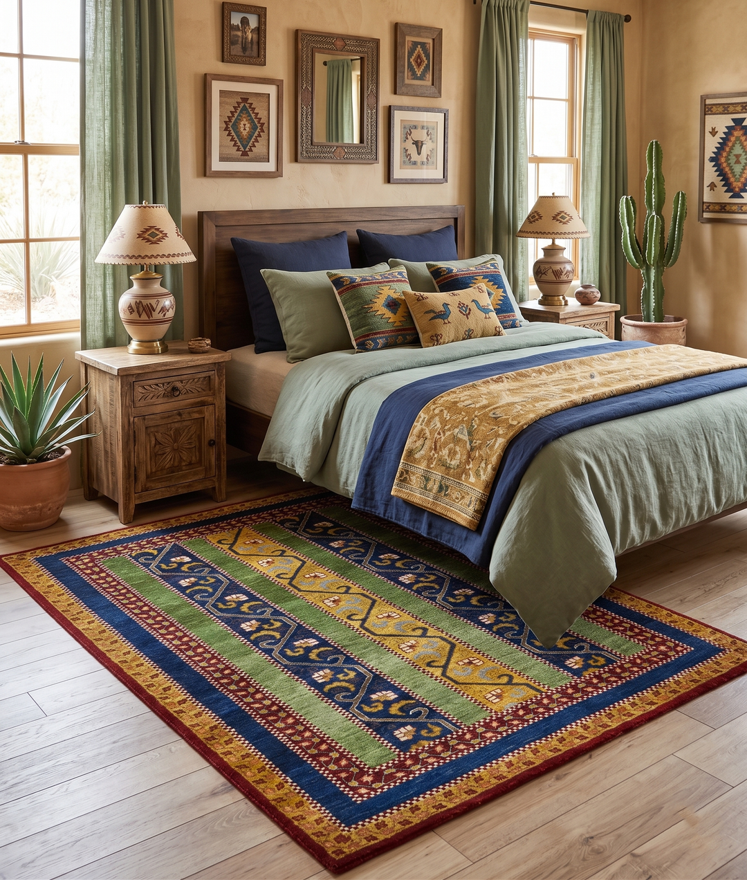 4x6 Green, Gold and Blue Striped Wool Hand Knotted Southwestern Lori Gabbeh Rug