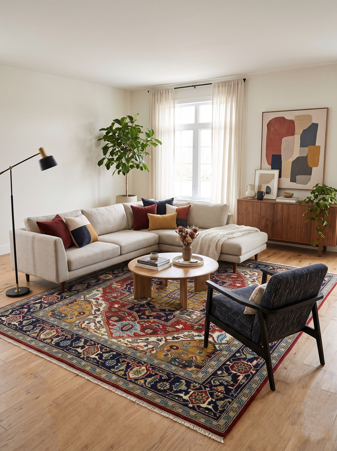 Classic traditional area rug with red medallion, teal and navy accents, hand-knotted look