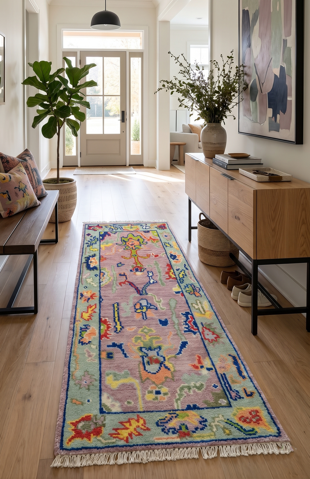 Traditional Oushak wool rug with pastel pink field, blue border, and multicolor motifs