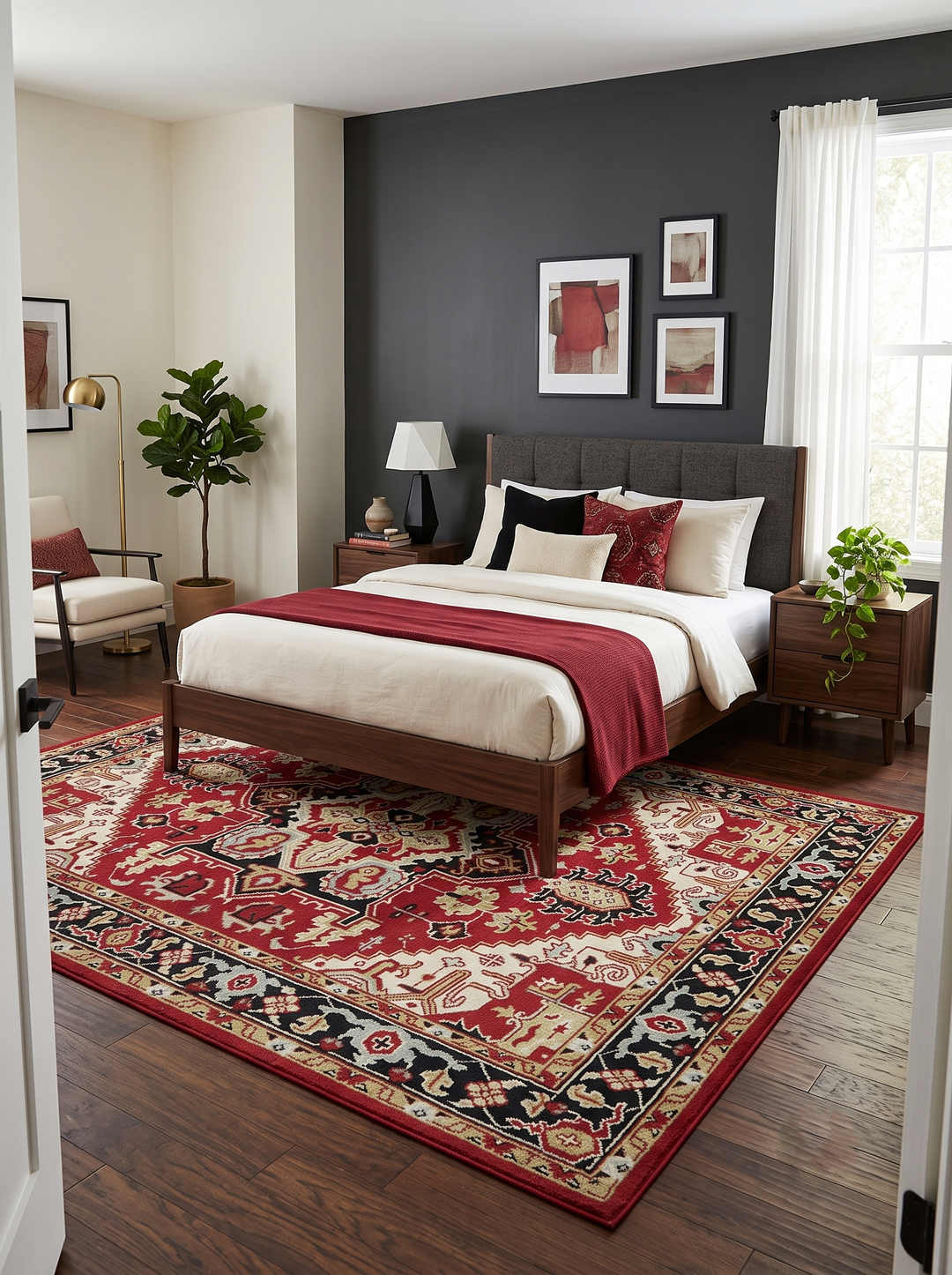 Custom Made Traditional Heriz Rust, Ivory, Black and Beige Hand knotted Medallion Wool Area Rug