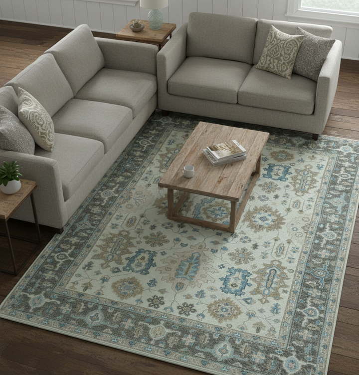 Custom Made Hand Knotted Beige and Blue Traditional Turkish Wool Area Rug