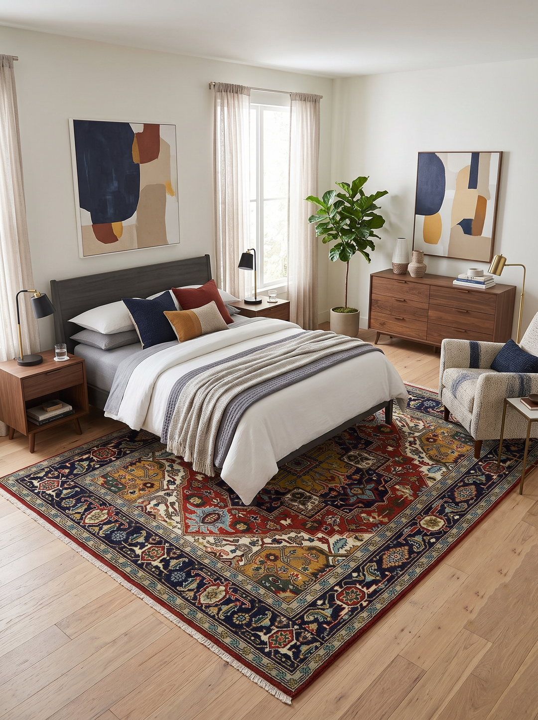 Traditional medallion area rug in navy, red, and teal with ornate geometric pattern