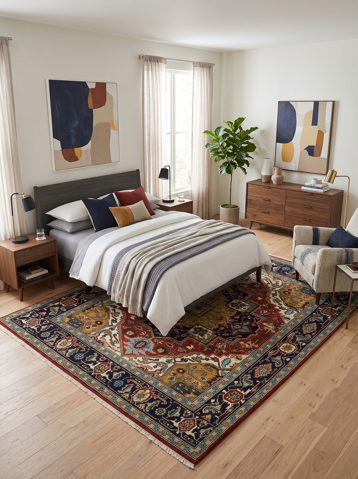 Traditional medallion area rug in navy, red, and teal with ornate geometric pattern