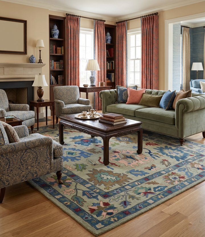 Hand Tufted Beige And Blue Traditional Oushak Custom Made wool Area Rug