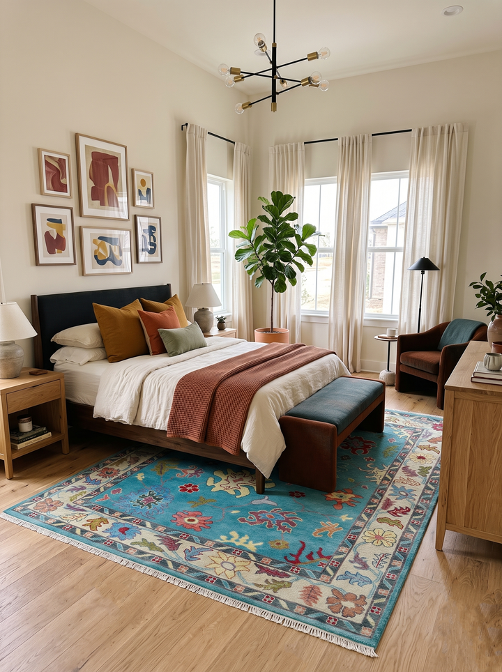 Hand-knotted Oushak wool area rug with blue center, beige edge, ornate floral pattern