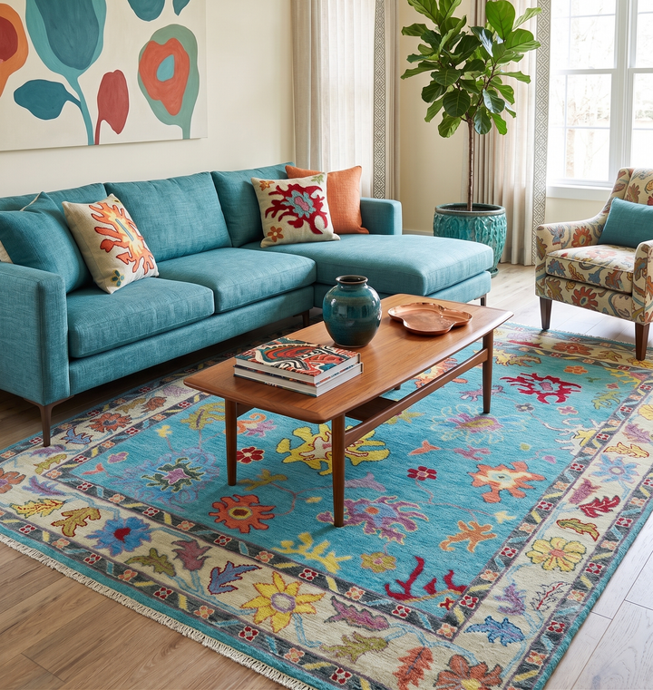 Traditional Blue and Beige Hand knotted Oushak Custom Made Wool Area Rug