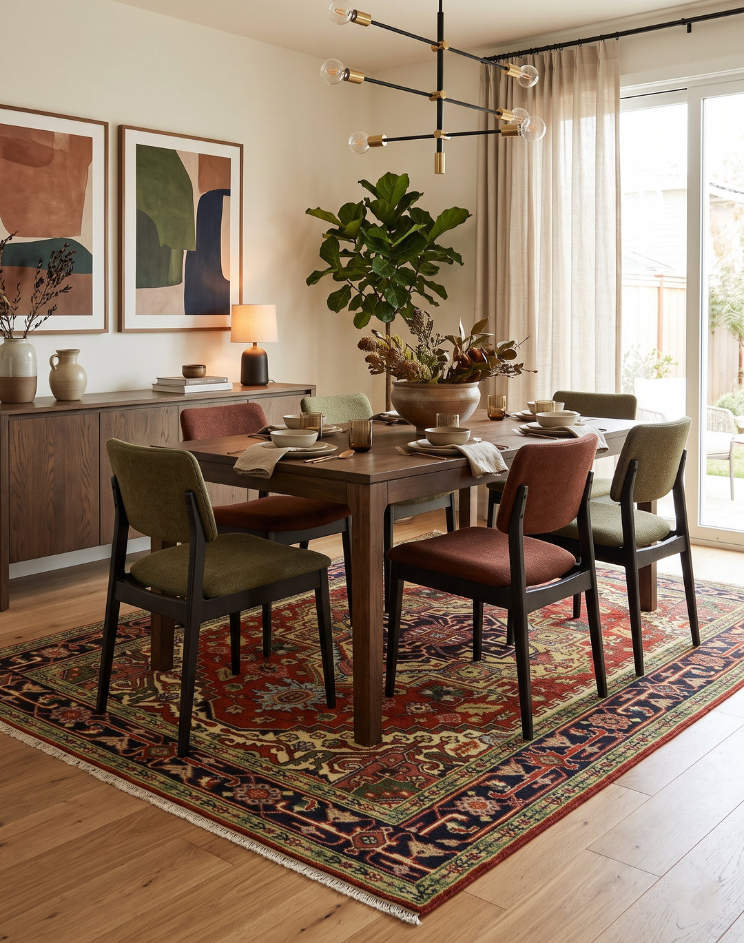Traditional medallion rug under dining table, rust red center with dark blue border and cream motifs