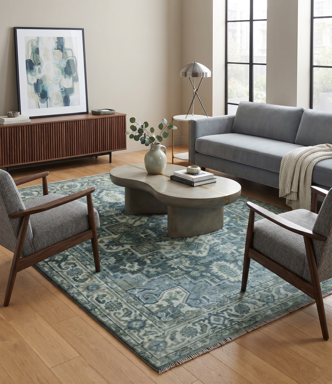 Hand Knotted Ivory, and Shades of Gray Traditional Custom made wool rug