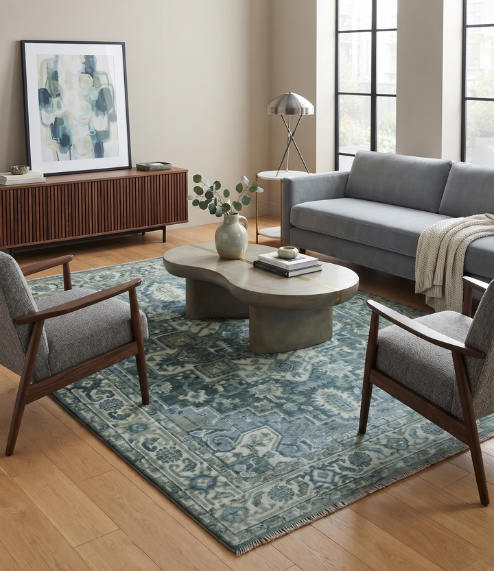 Hand Knotted Ivory, and Shades of Gray Traditional Custom made wool rug