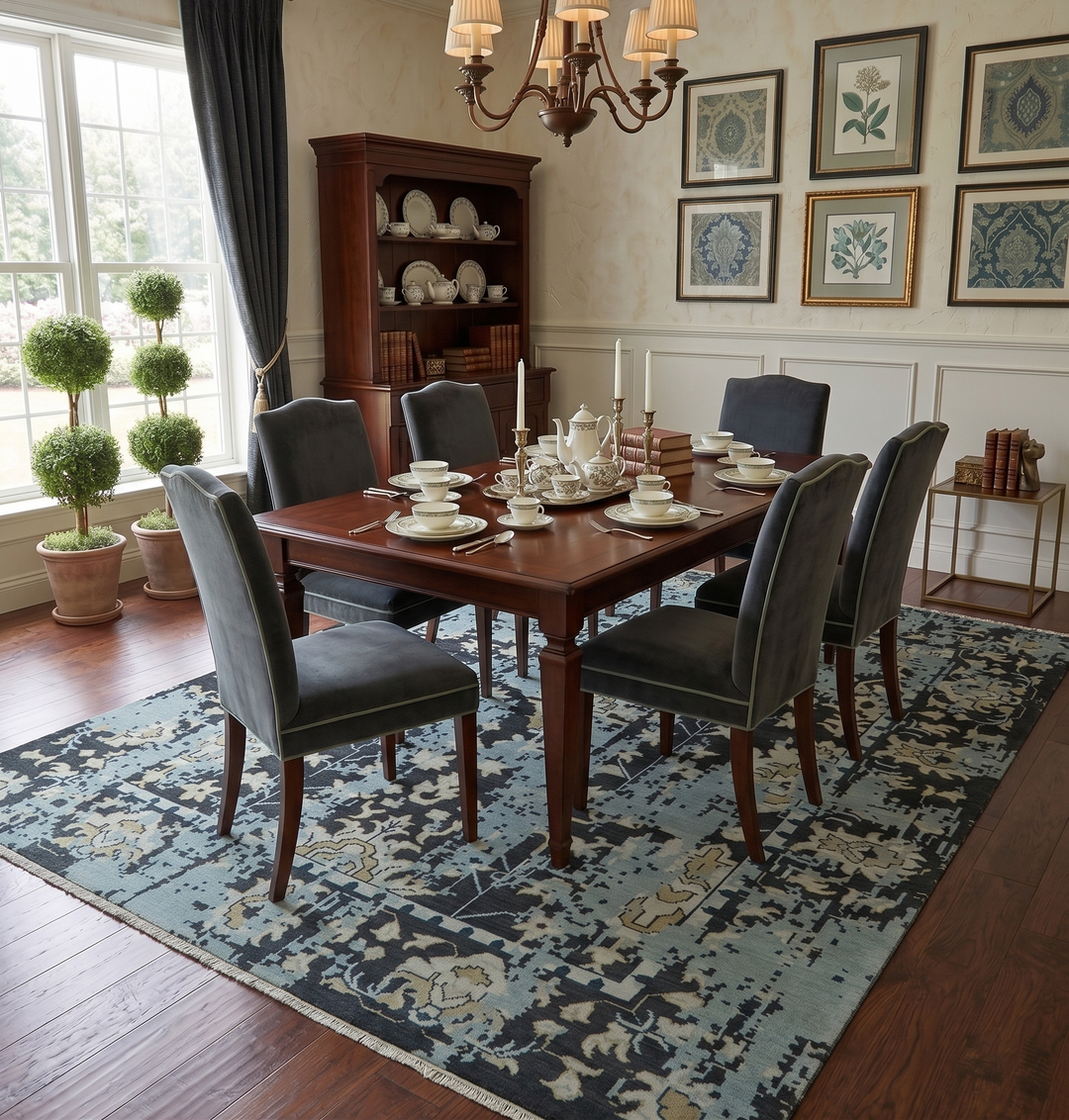 Custom Made Transitional Light Blue, Ivory, Beige and Charcoal Hand knotted wool Rug