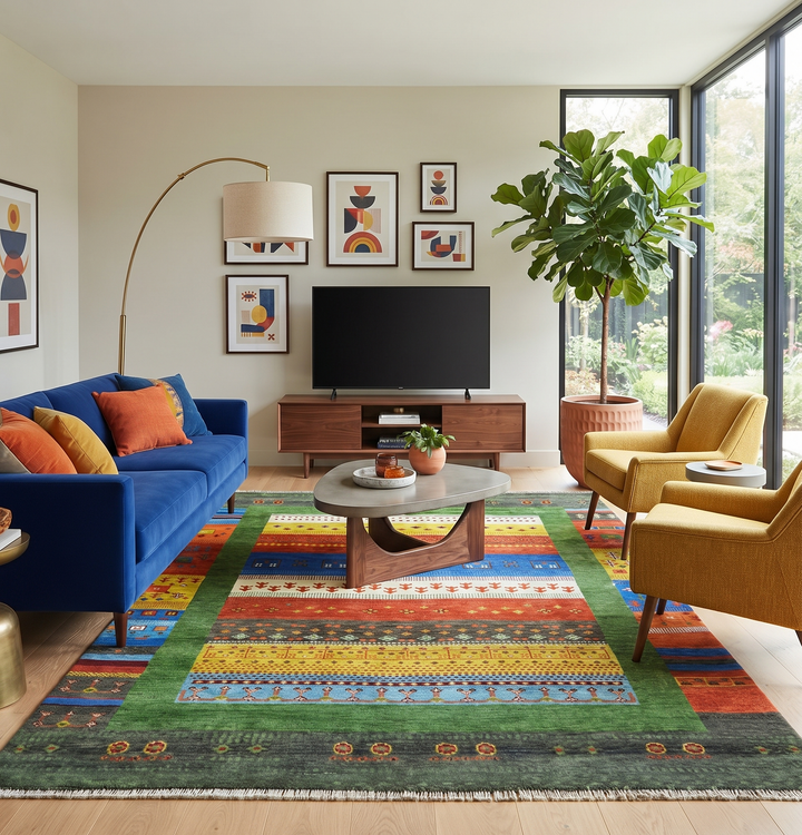 Hand-knotted wool area rug with green, rust, blue and gold tribal pattern border