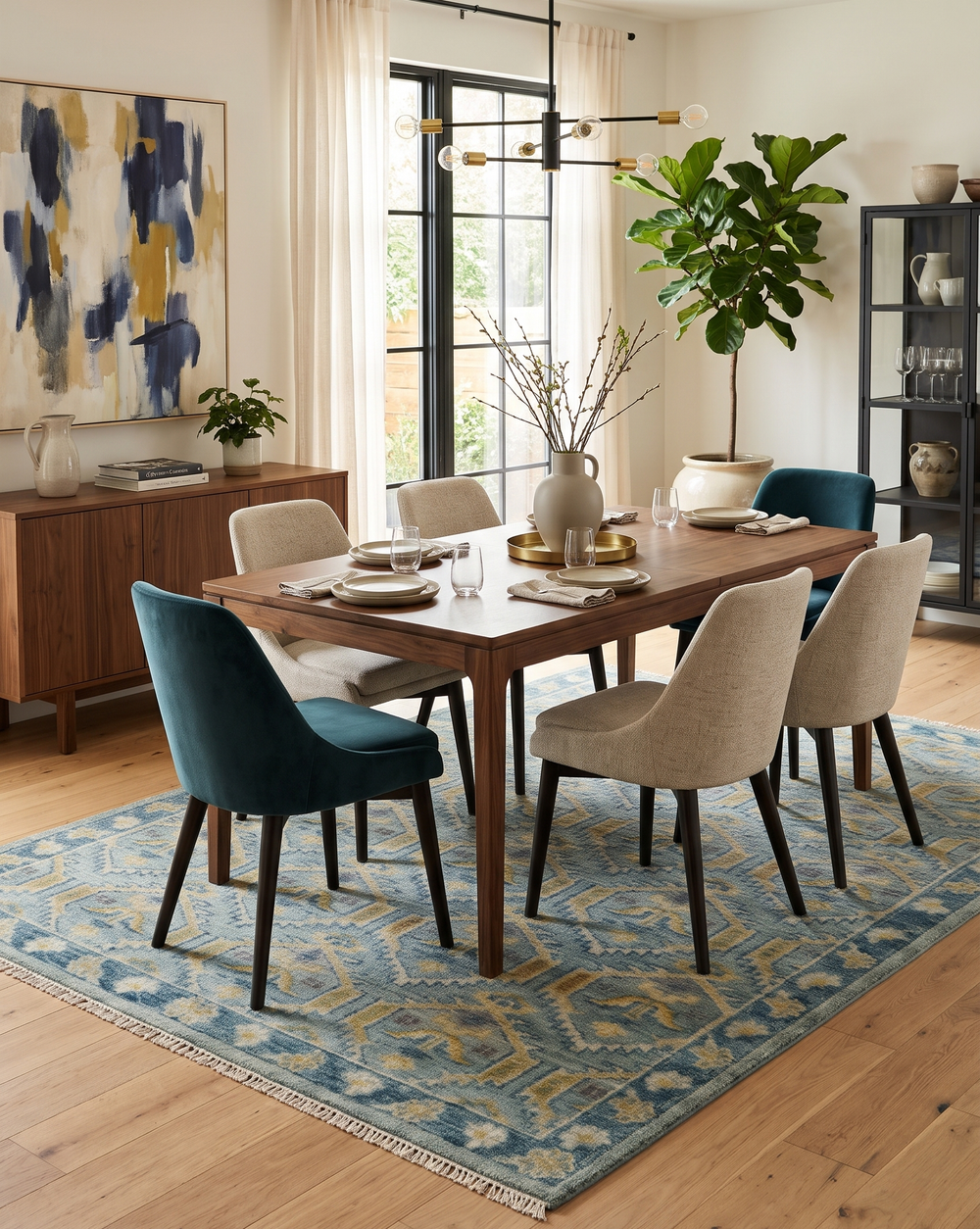 Antique blue and mustard wool rug beneath a dining table, showing its geometric pattern