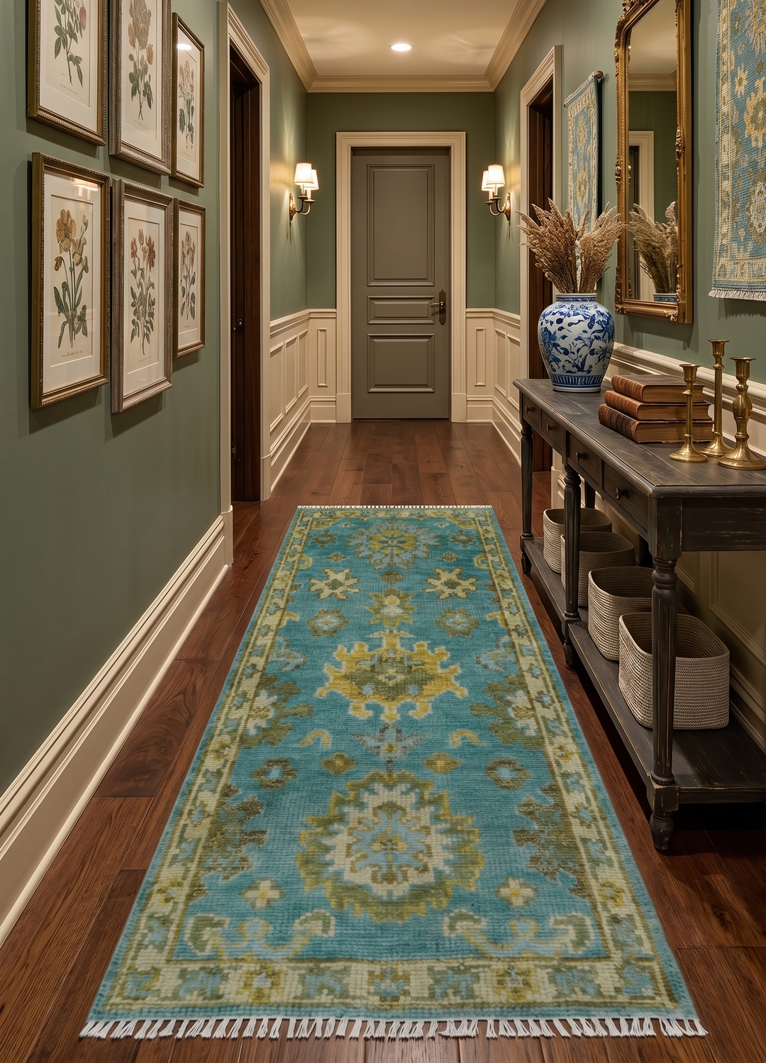 Custom Made Hand Knotted Green And Blue Oushak Runner Wool Rug