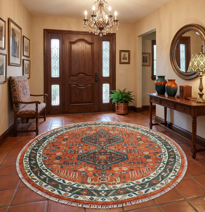 Quick Ship 8x8 Round Rust and Brown Traditional Oriental Hand Knotted Area Rug