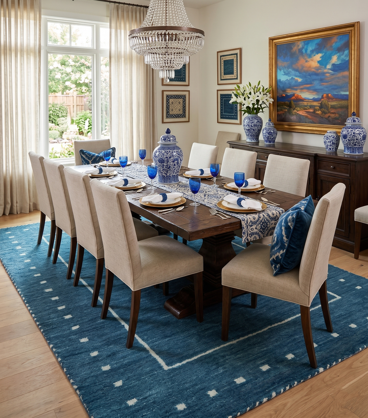 Modern Solid Plane Blue Hand Loomed Southwestern Custom Made wool Area Rug