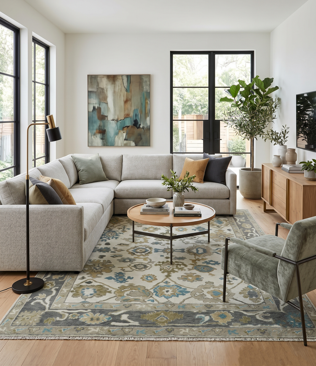 Oushak wool area rug with ivory and blue-green pattern under sofa in living room